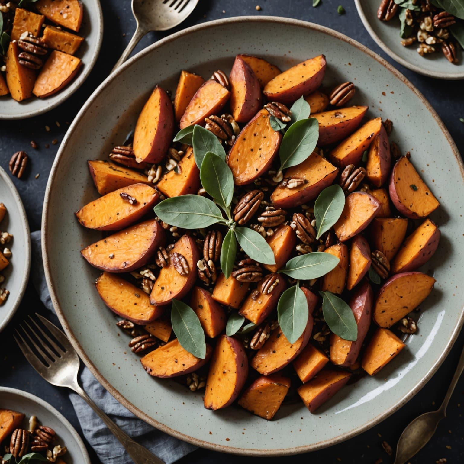 Søtpoteter med melasseglasur, salvie og pekannøtter