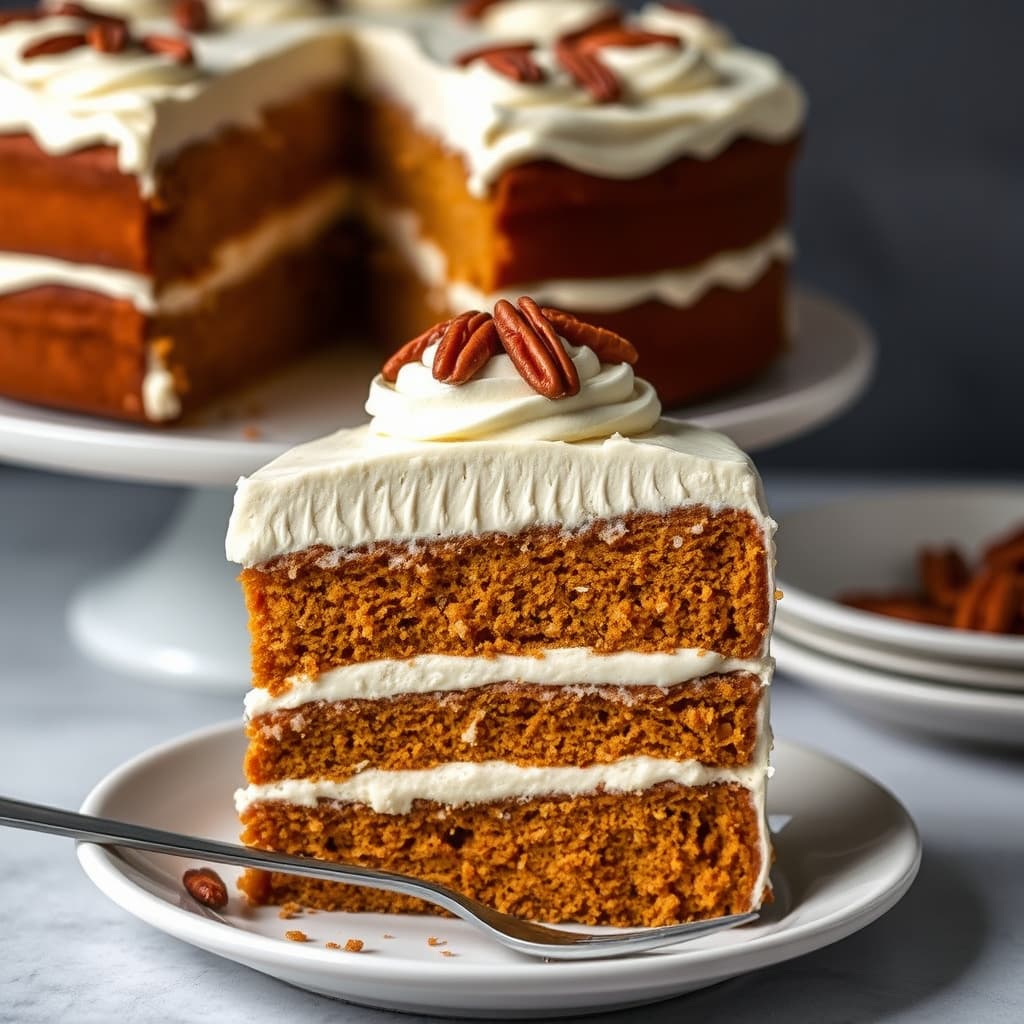 Søtpotetlagkake med krydret pekannøttsmørkrem