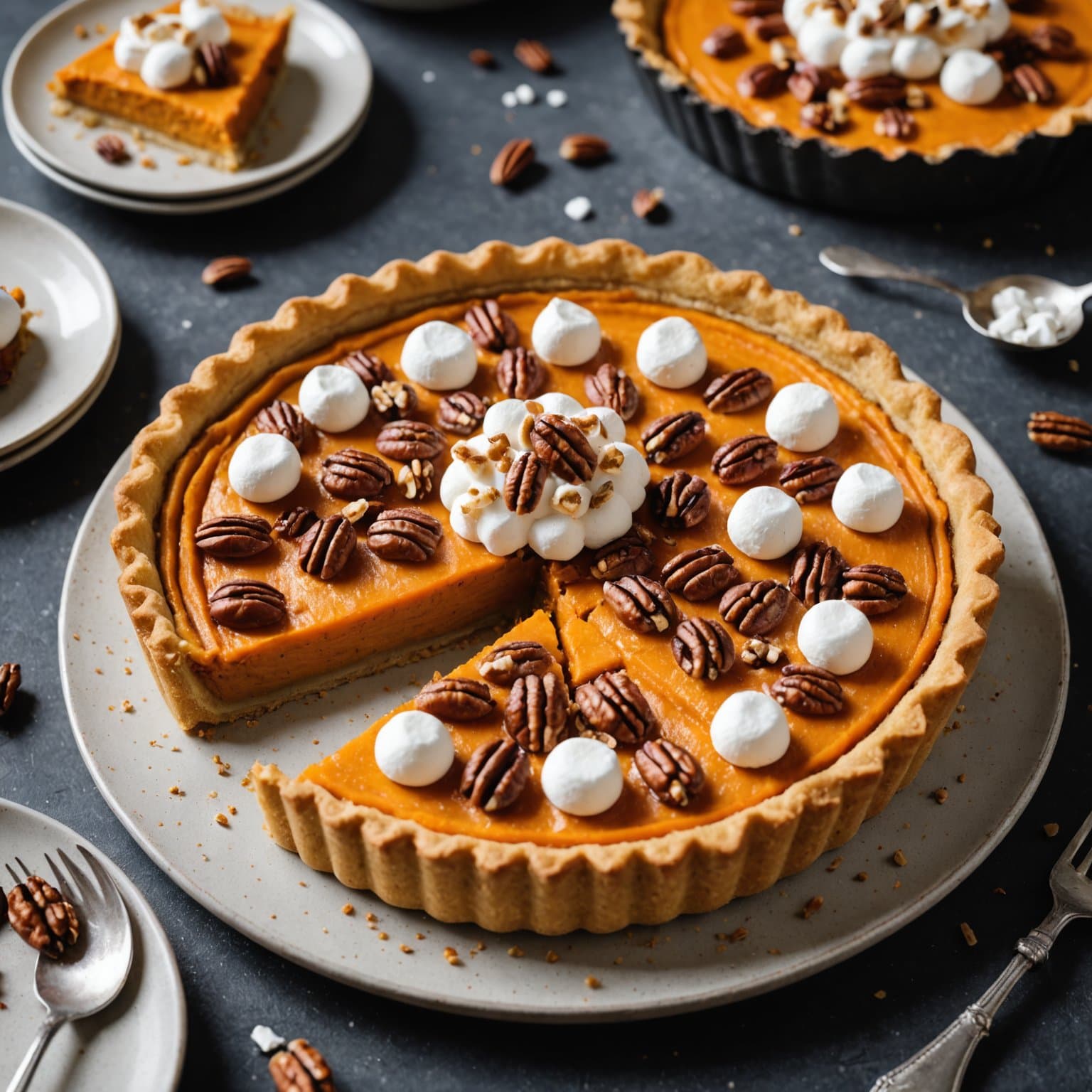 Søtpotetpai med pekannøtter og marshmallows