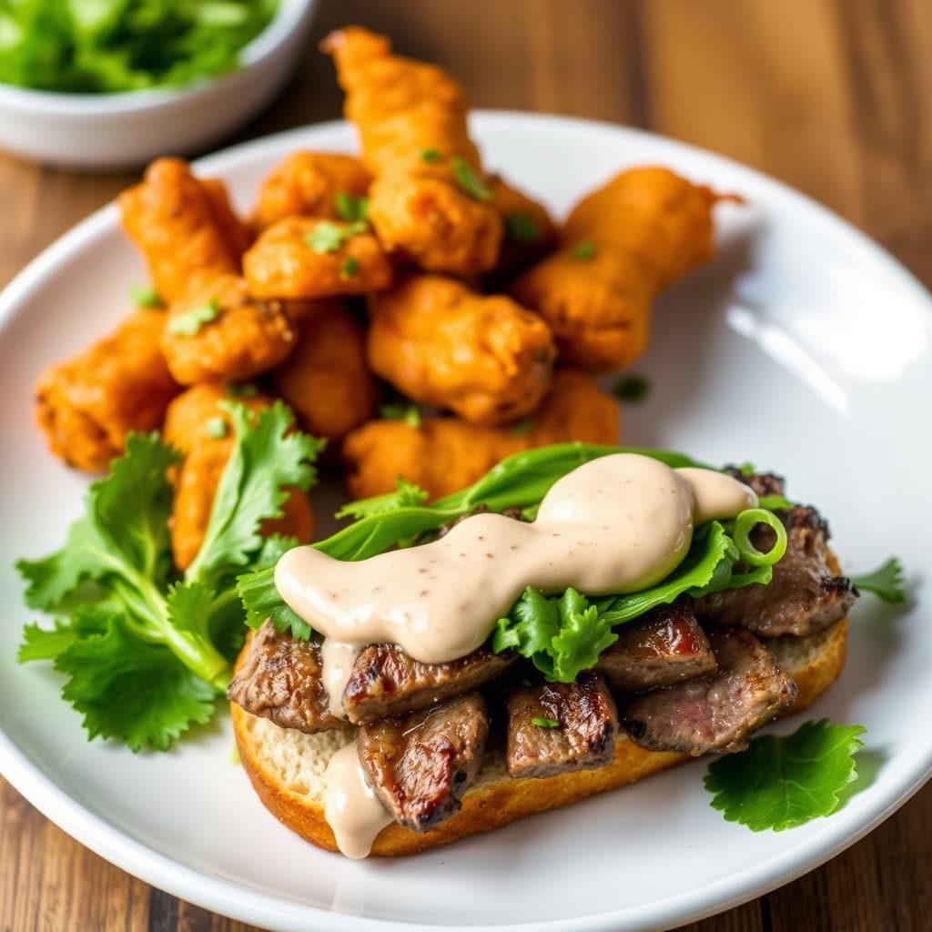 Søtpotettempura og steak-sandwich med bok choy og miso-majonesaus