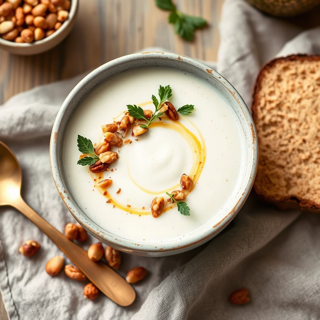 "Soup to Nuts" kokosnøttsuppe med karamelliserte nøtter