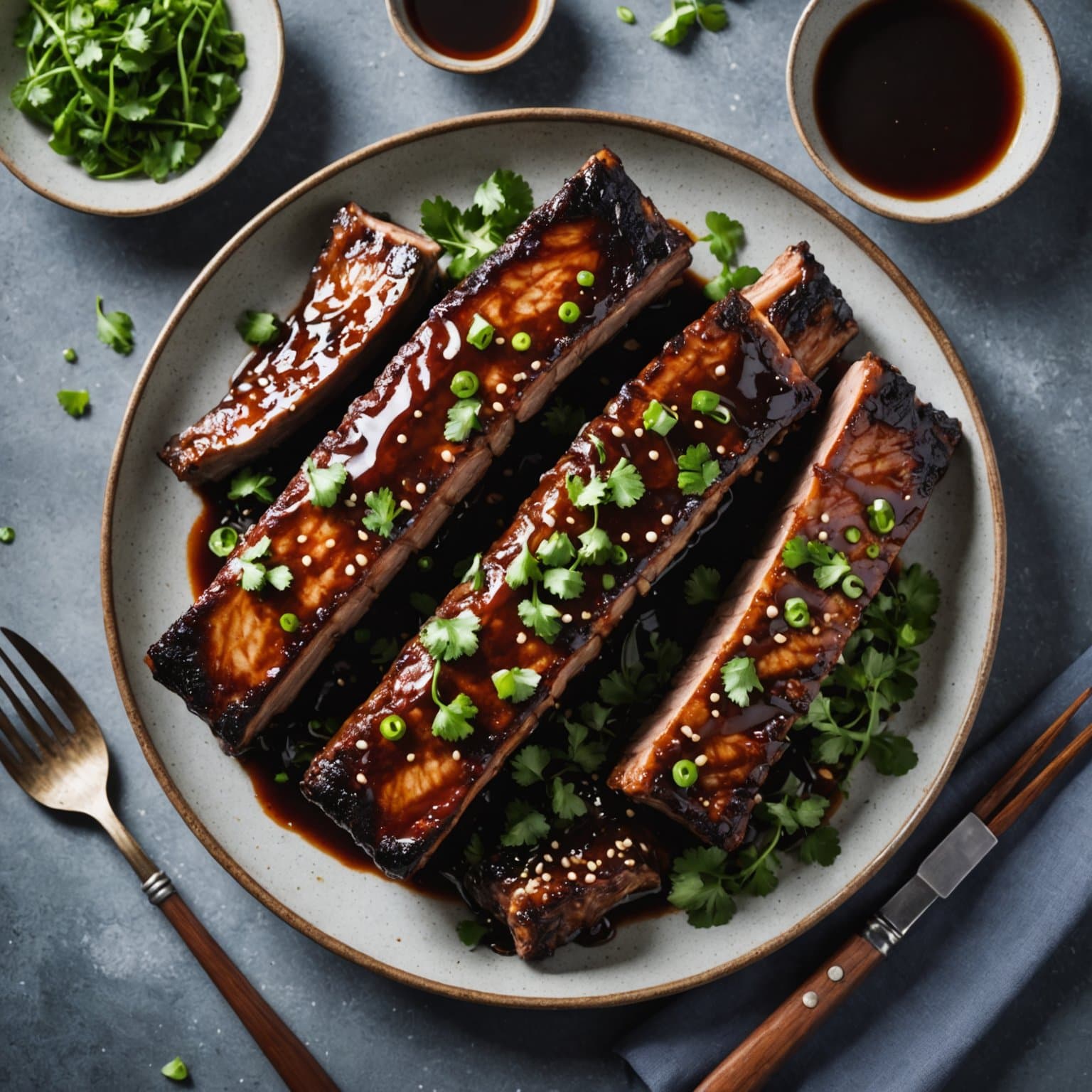 Soyasaus og koriander-glassert svineribbe