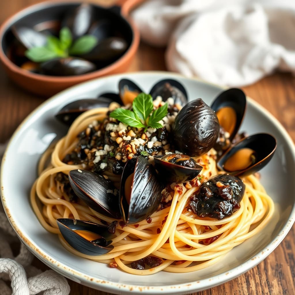 Spaghetti med hvitløksmusslinger i svart oljesaus