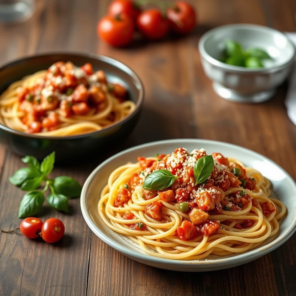 Spaghetti med krydret tunfisk marinara-saus