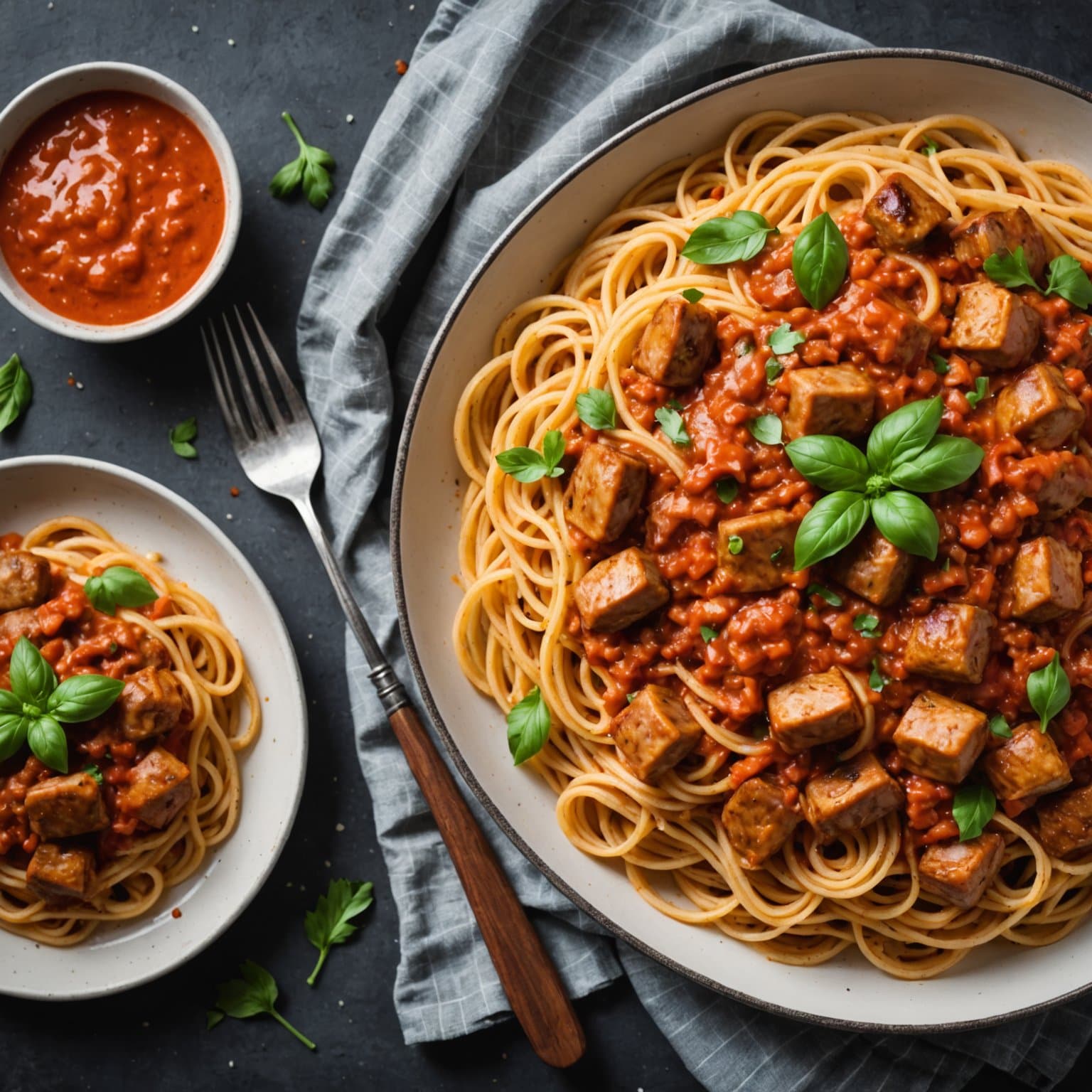 Spaghetti med kylling, pølse og peppersaus