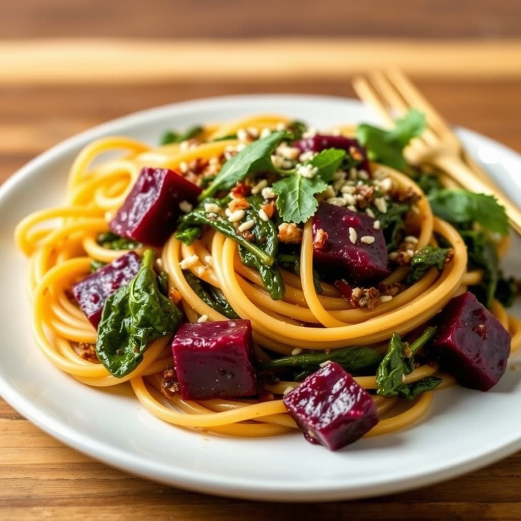 Spaghetti med rødbetblader