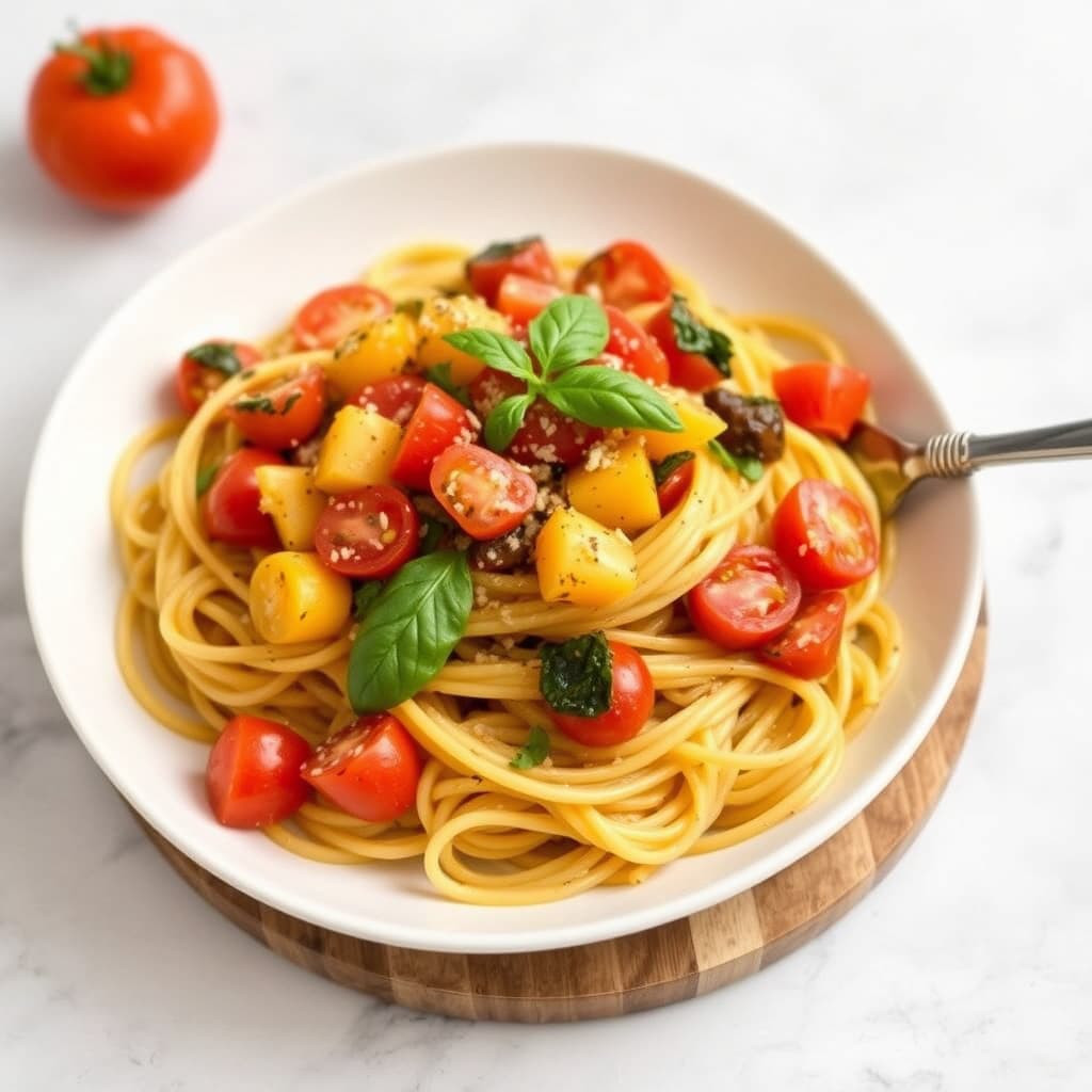 Spaghetti med sommer squash og tomater