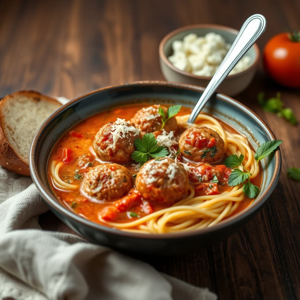 Spaghetti- og kjøttbollerett "stoup" (tykkere enn suppe, tynnere enn gryte)