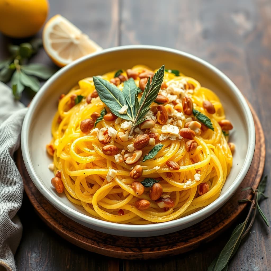 Spaghettihorn med pinjekjerner, salvie og Romano