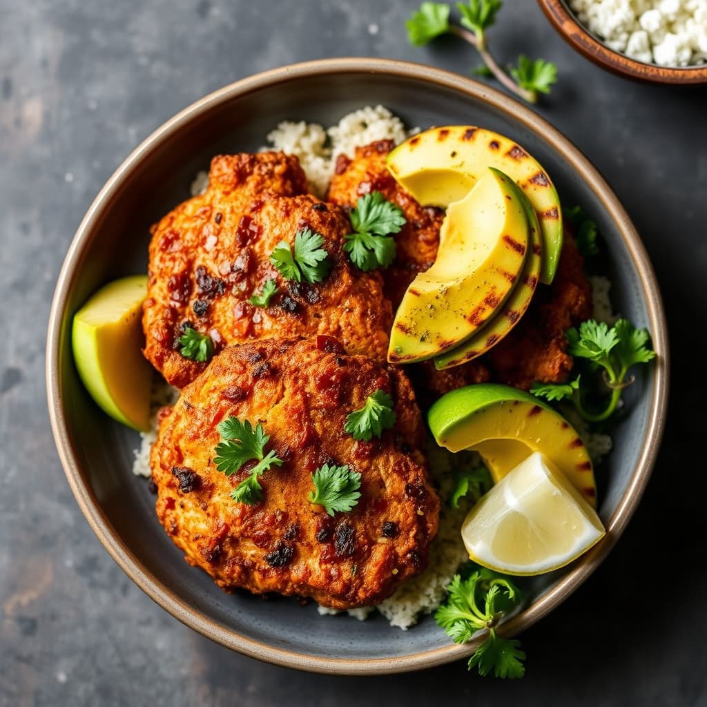 Spansk-inspirert stekt kylling med grillede avokadoer