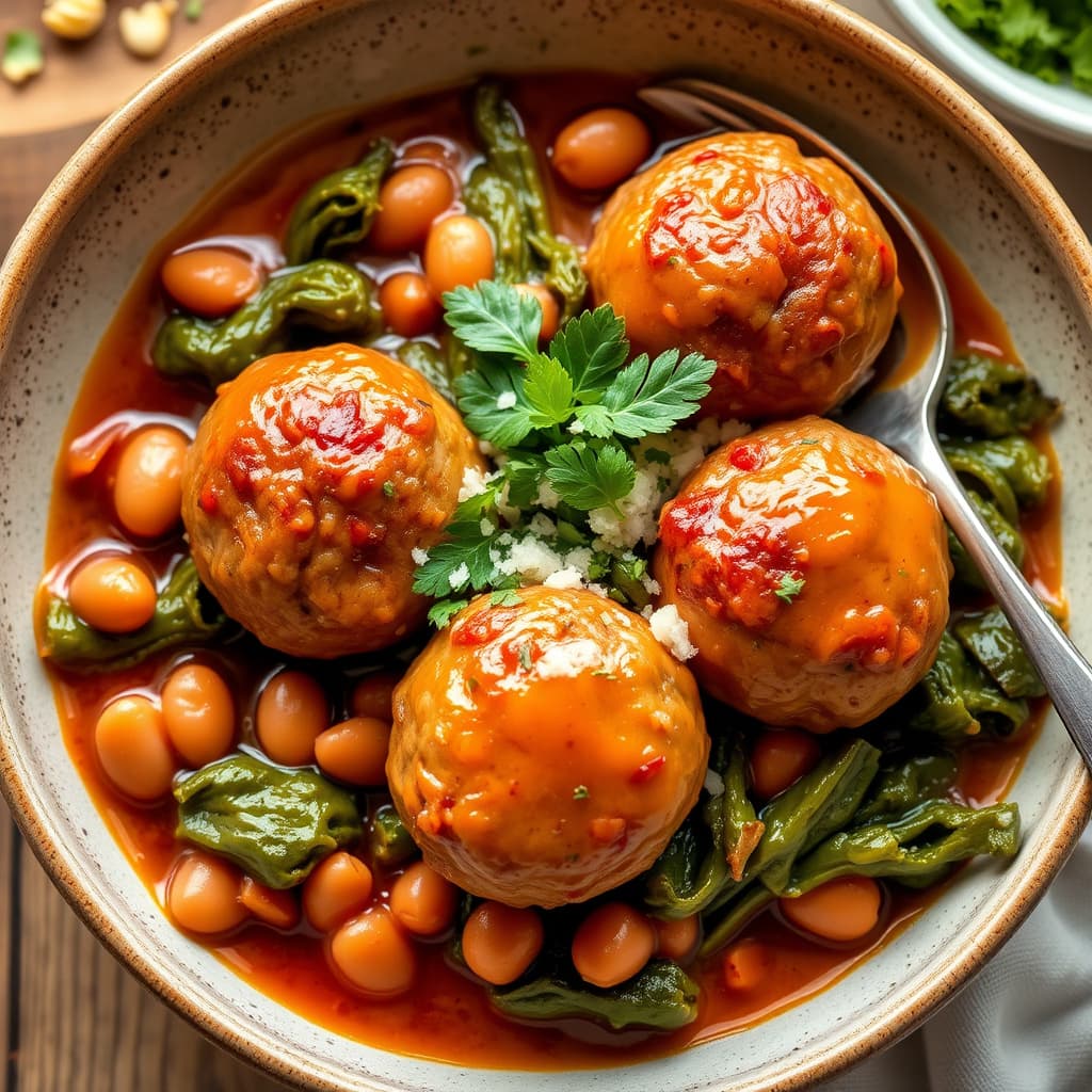 Spanske kjøttboller med bønner og grønnsaker