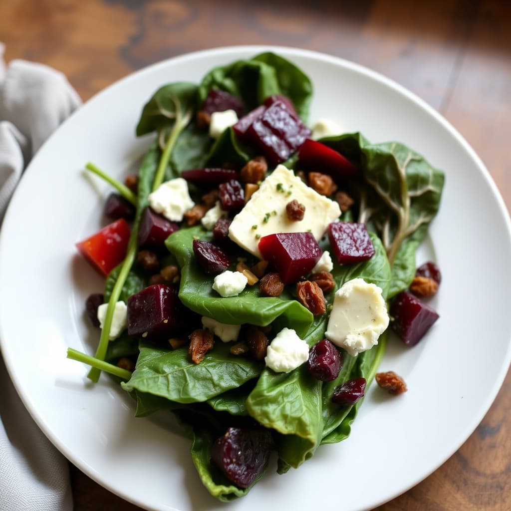Spenat med rødbeter, geitost og rosiner