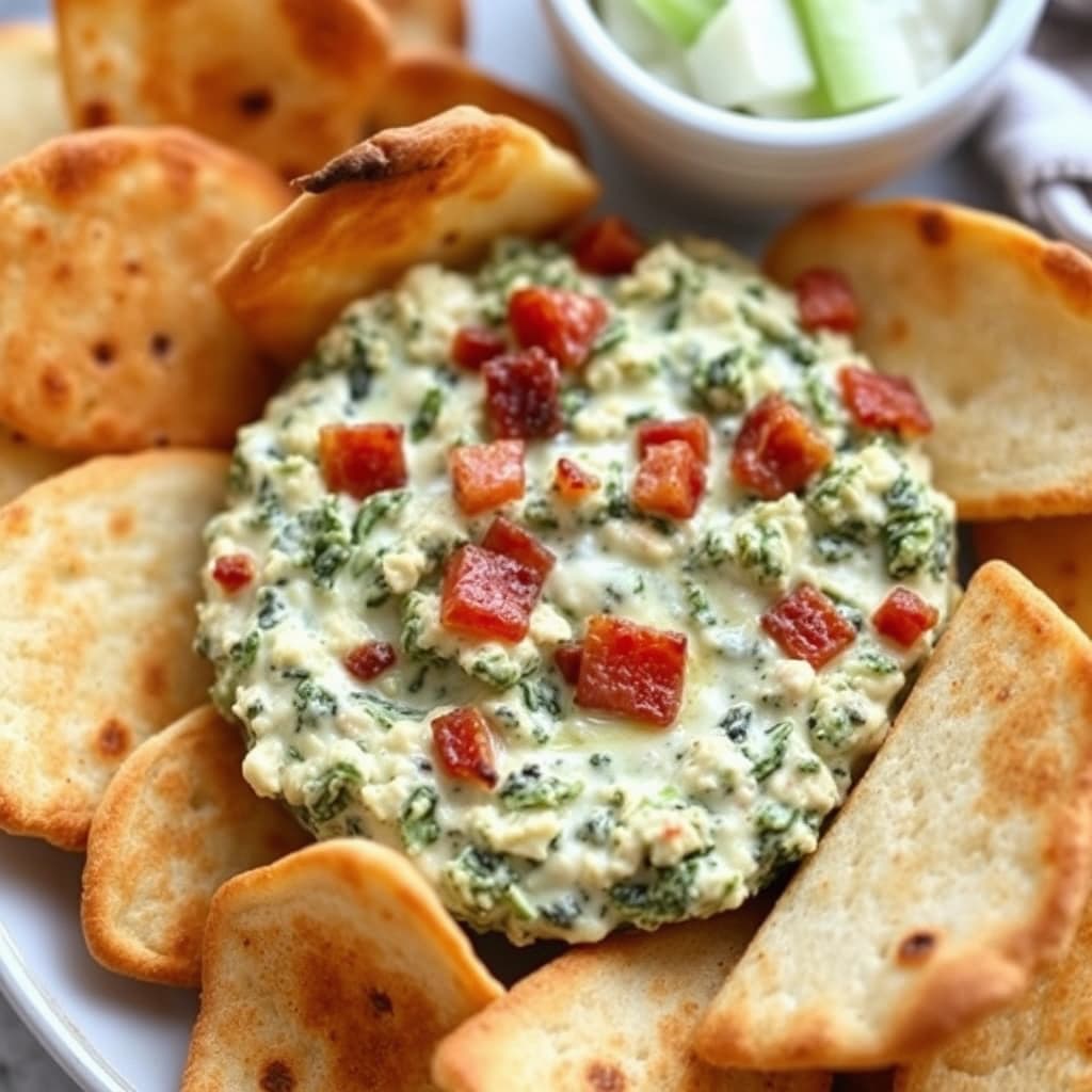 Spinat-, artisjokk- og bacon-dip med sprø pitabrød