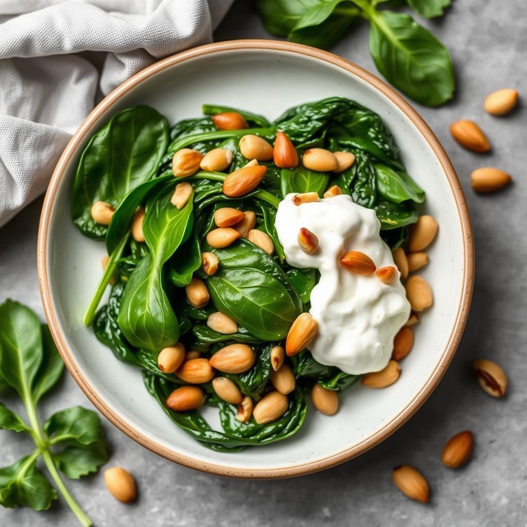Spinat med rømme og ristet pinjekjerner