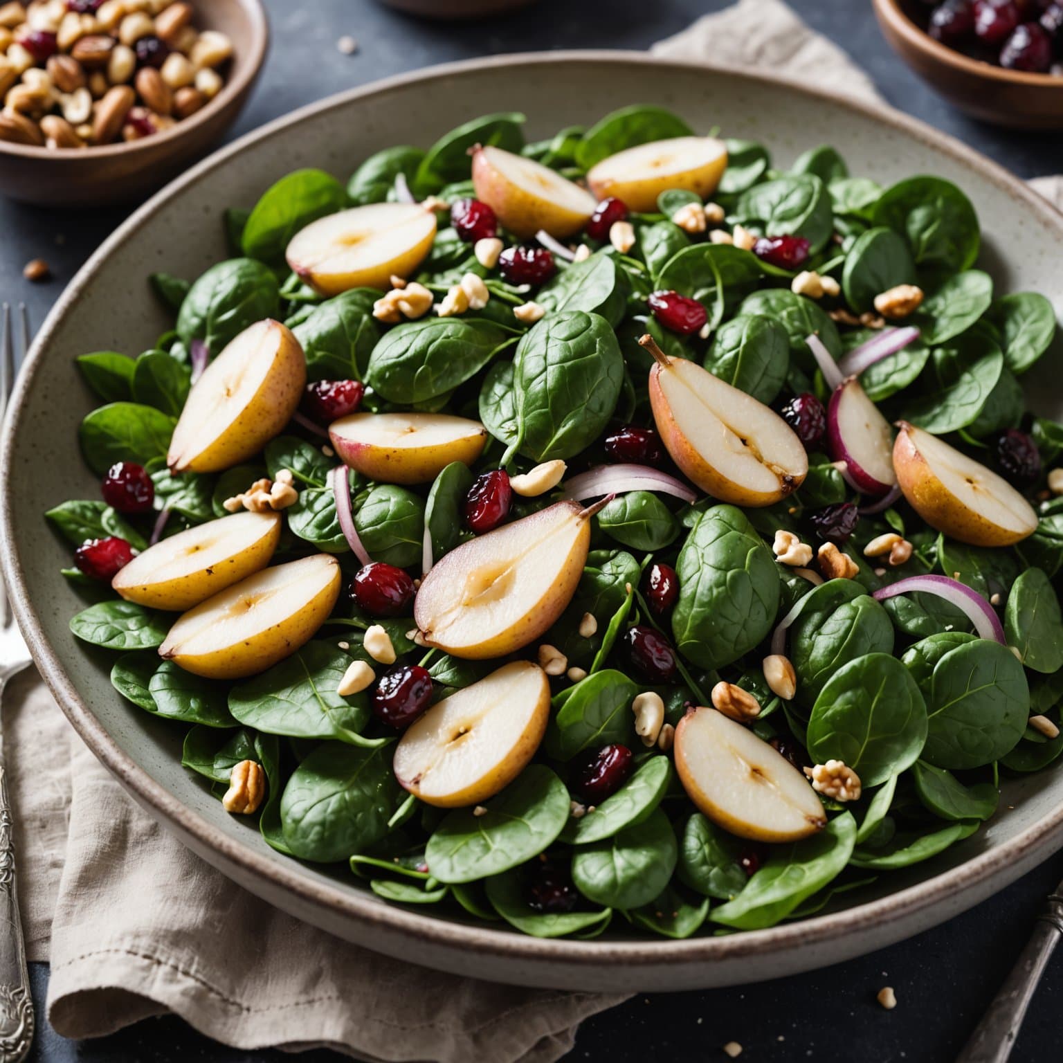 Spinat- og Bosc-pæresalat med tranebær, rødløk og ristet hasselnøtter