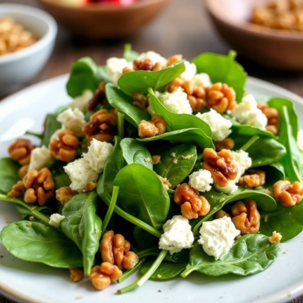 Spinat- og geitostsalat med valnøtter