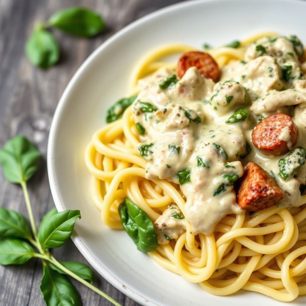Spinat- og kremsaus med kalkun-italienske pølser over linguine