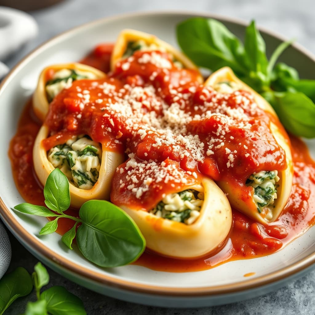 Spinat- og ostefylte skjell med krydret tomatsaus