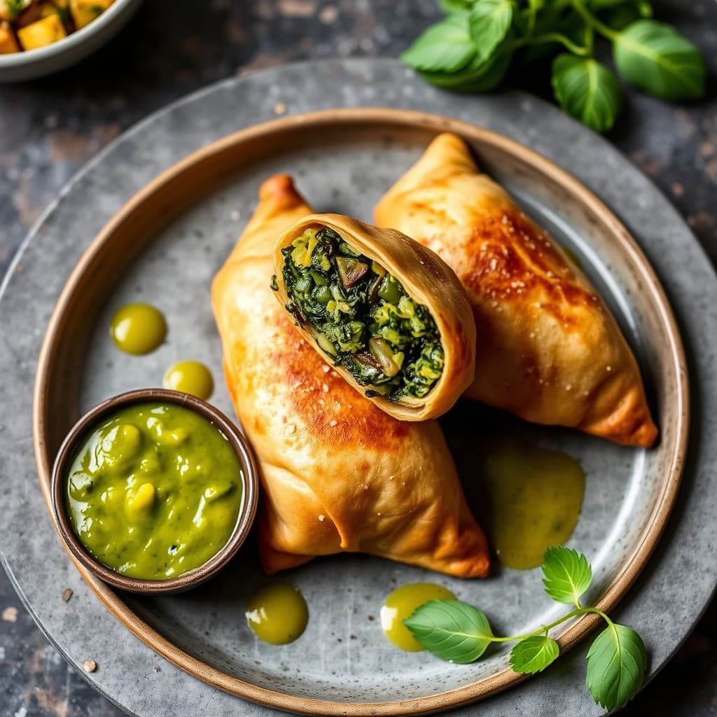 Spinat- og paneer-innbakte paier med mangobasilikum-chutney