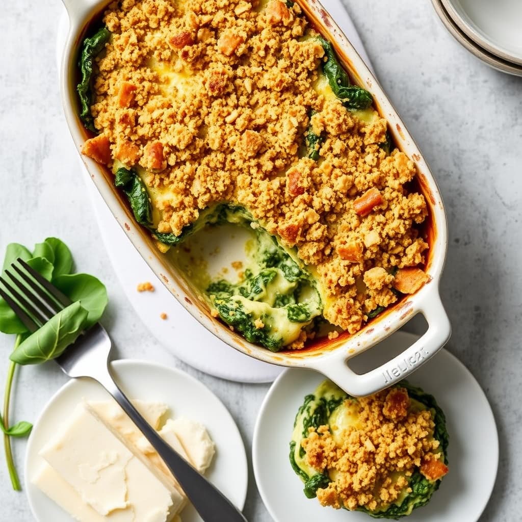 Spinat- og purregrateng med Roquefort-smuler