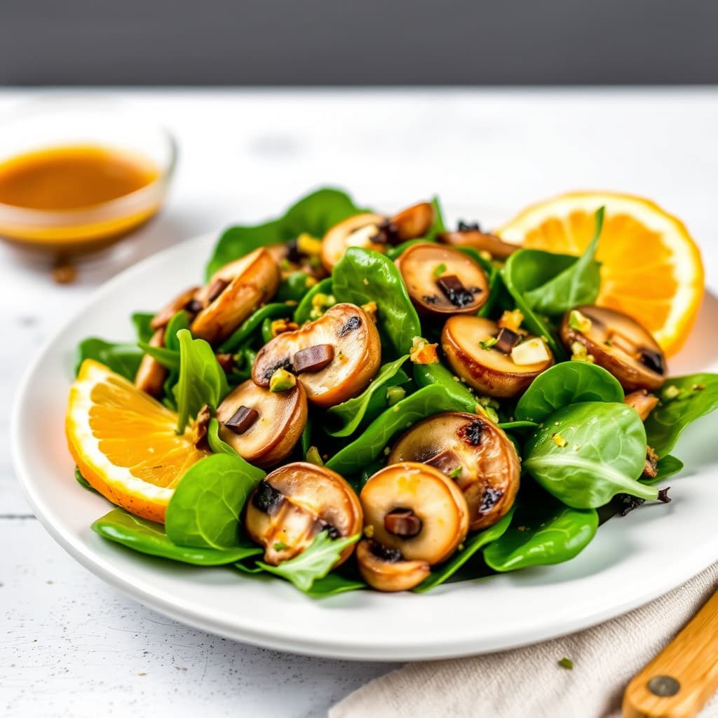 Spinat- og soppsalat med appelsinvinaigrette