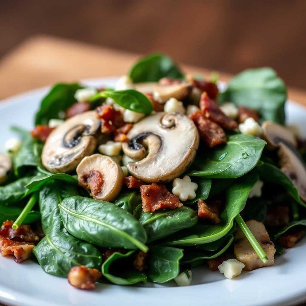 Spinat-, sopp- og bacon-salat