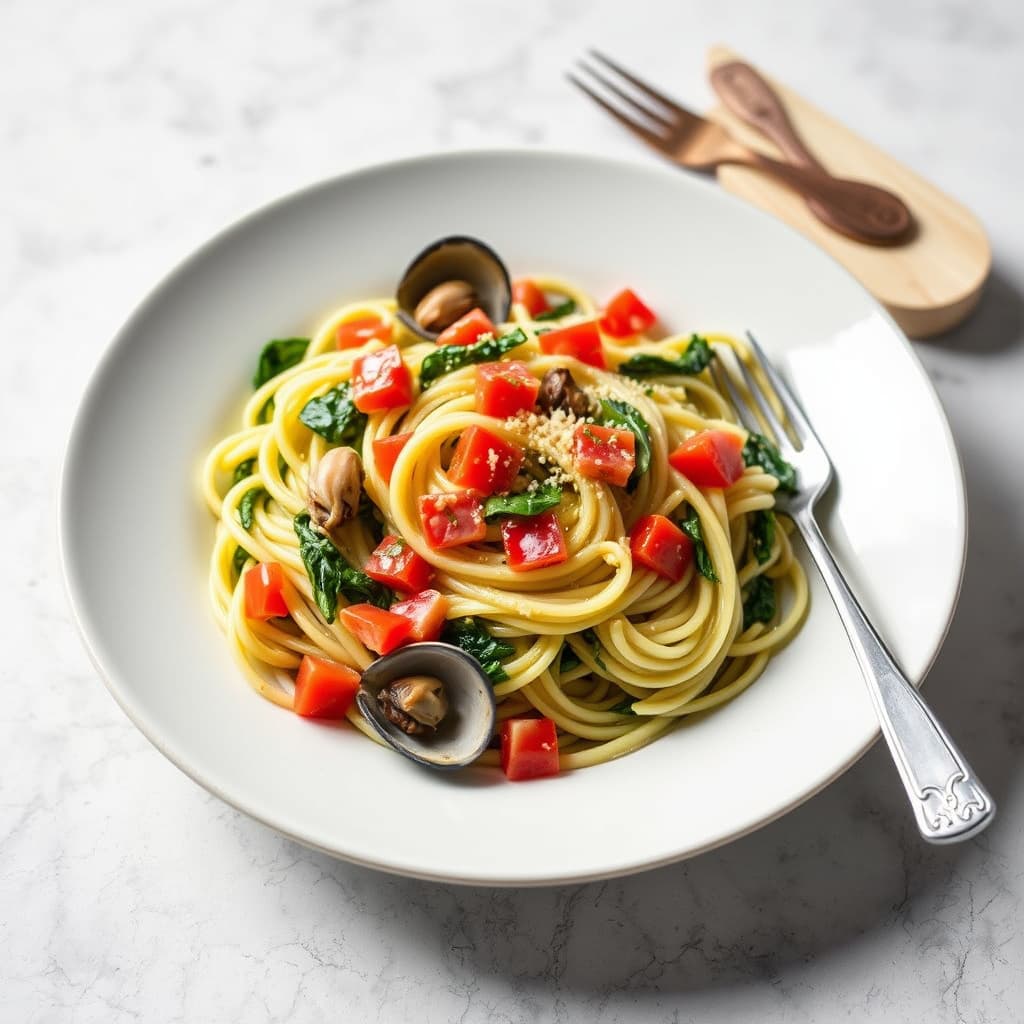 Spinatfettuccine med kamskjell- og smørsauce og terninger av tomat
