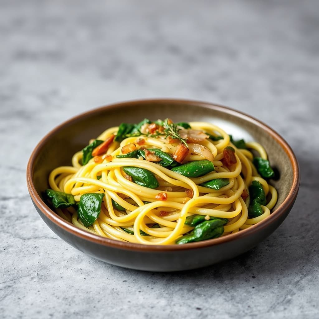 Spinatfettuccine med karamelliserte løk og sitrontimian