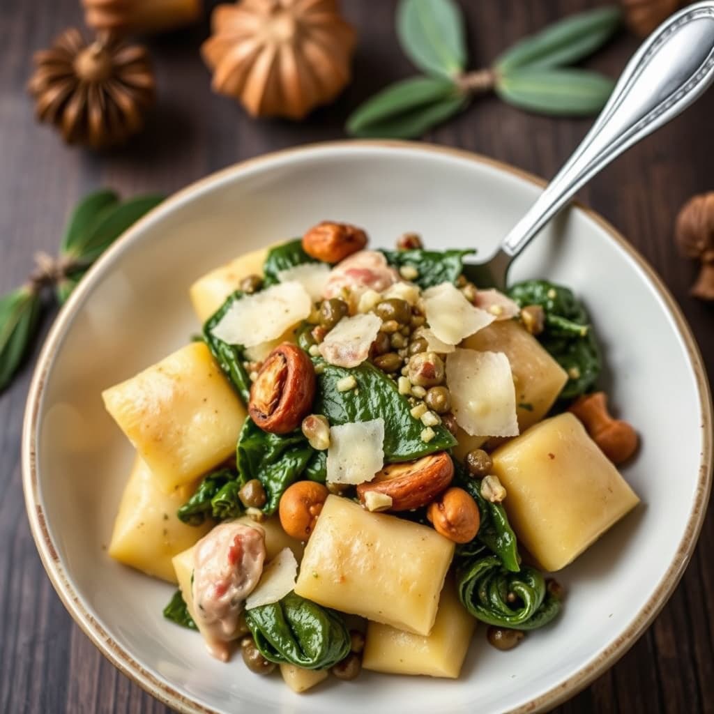 Spinatgnocchi med pancetta, beurre-noisette, kantareller, salvie, kapers og parmesan