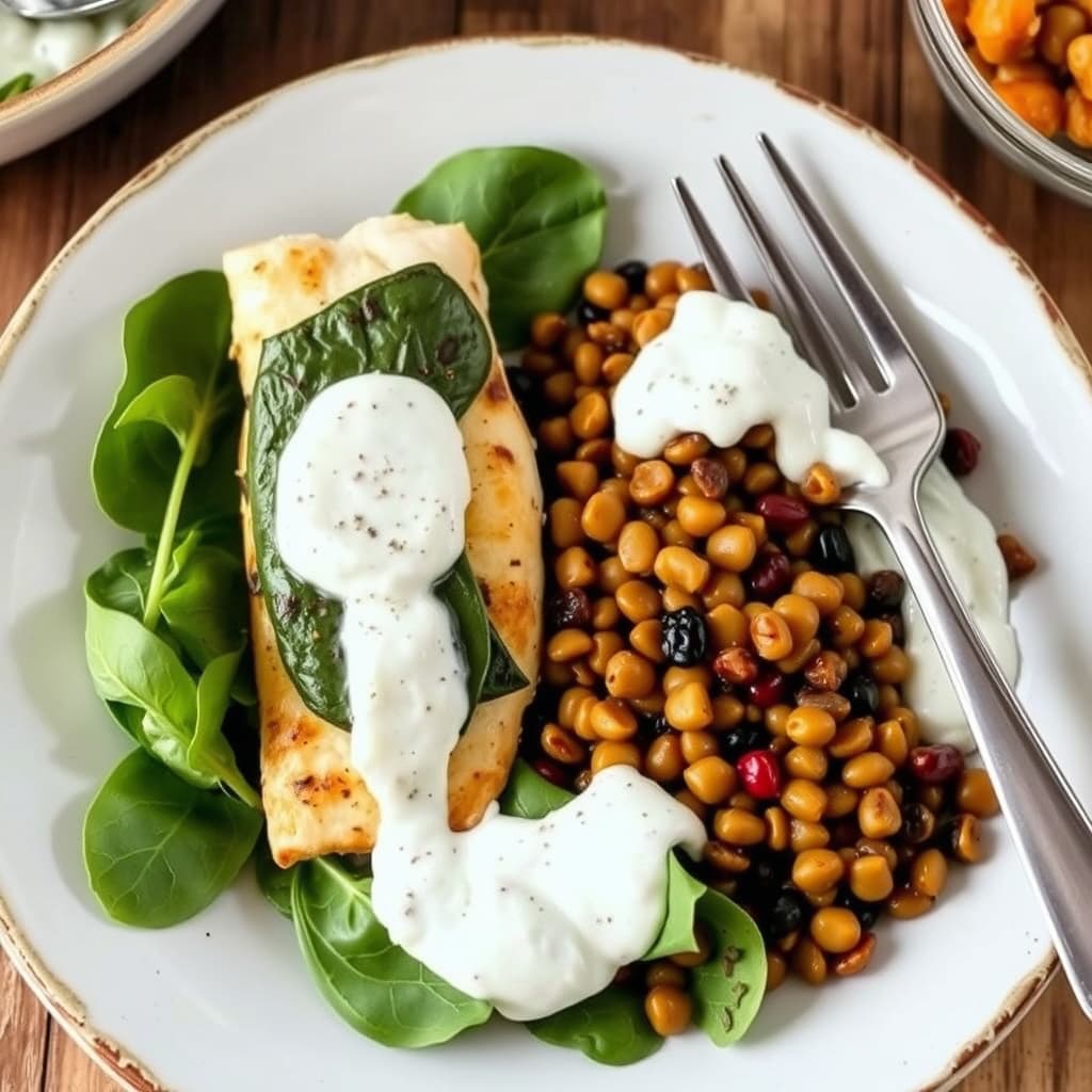 Spinatinnpakket rødspette og varm linsesalat med agurk- og yoghurtsaus