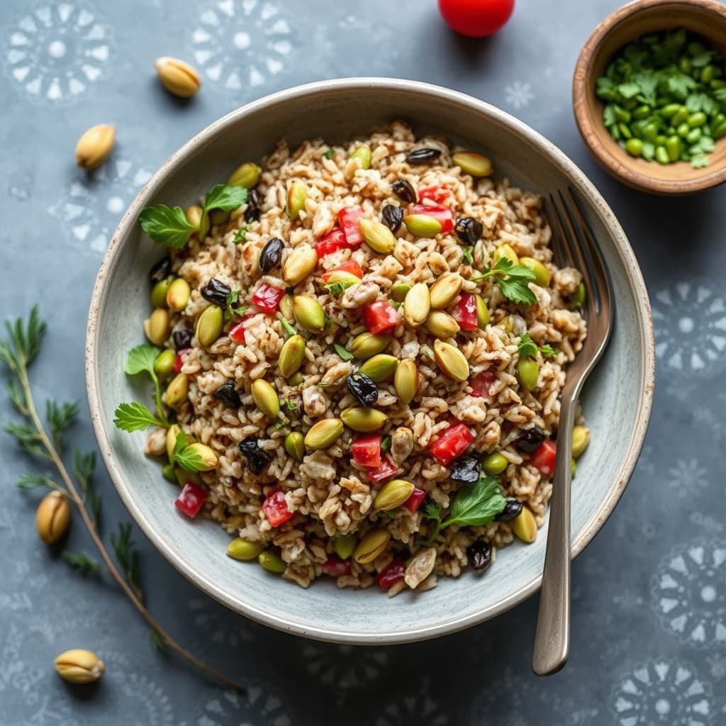 Spiret villris med pistasjnøtter og vårgrønnsaker