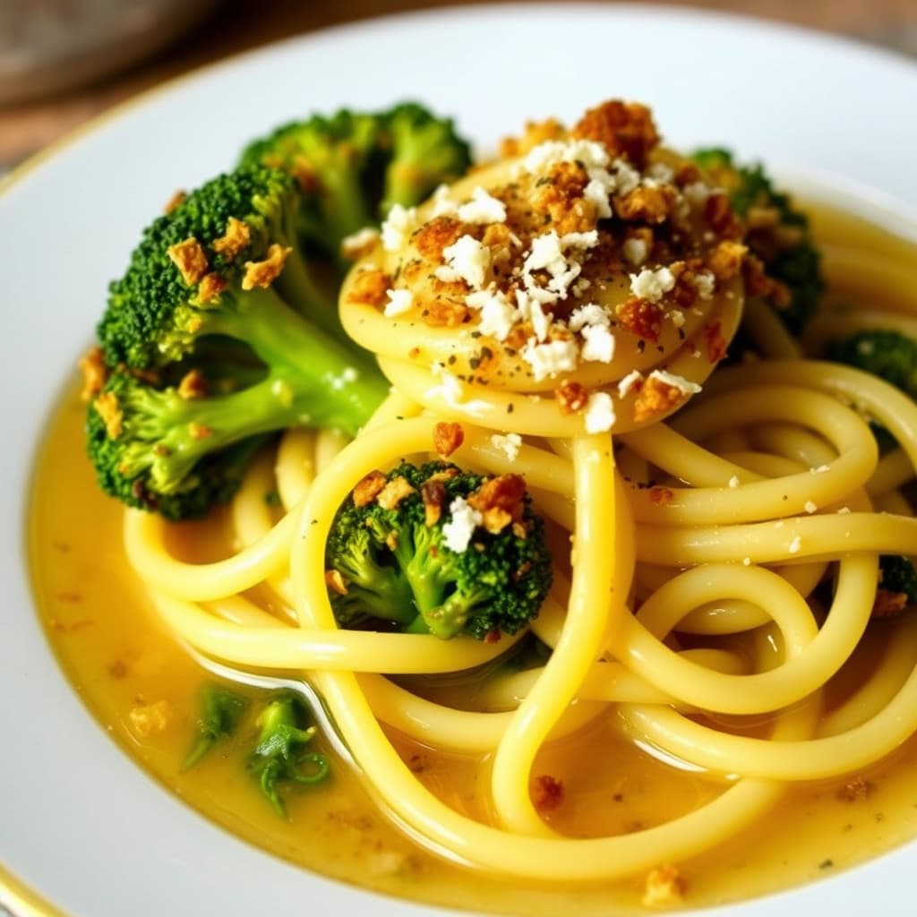 Sprø brokkoli med capellini i kraft