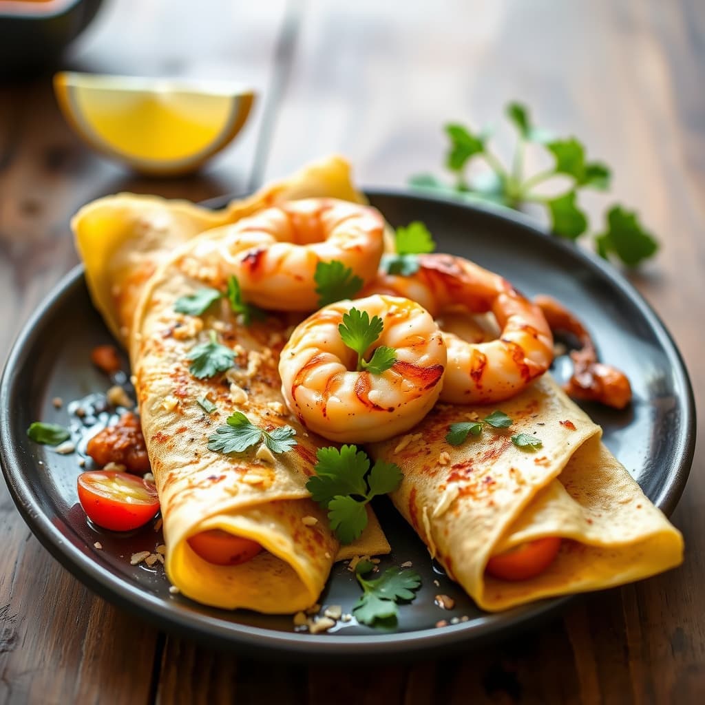 Sprø crepes med grillede reker