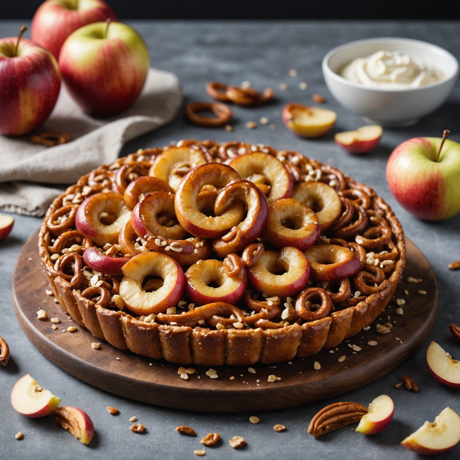 Sprø eple- og pretzel-dessert