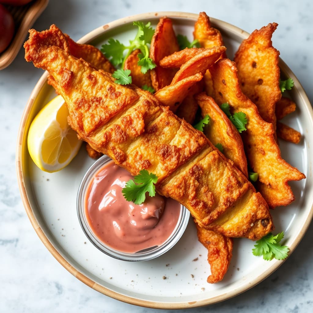 Sprø fisk og taro-chips med guavadippsaus