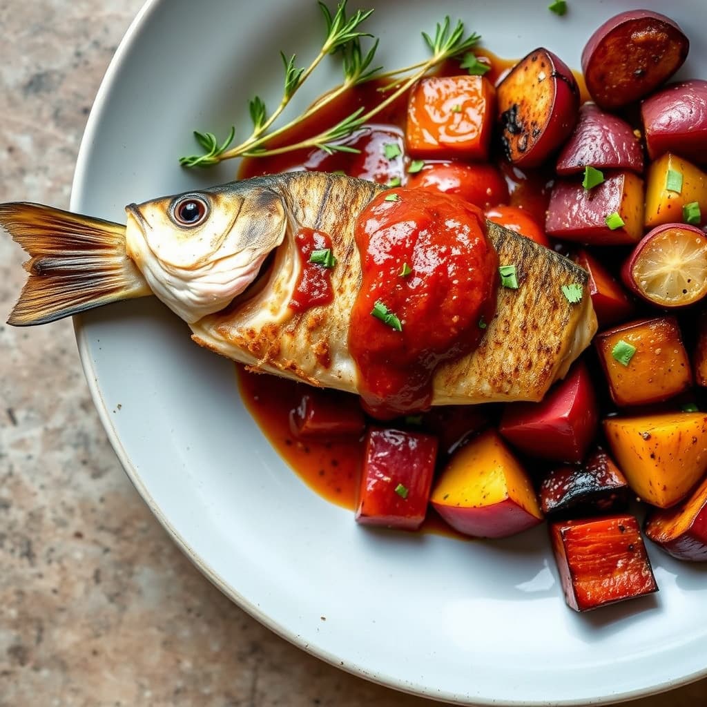 Sprø hel stripet bass med rød tomatillosaus og ovnsbakte røde poteter