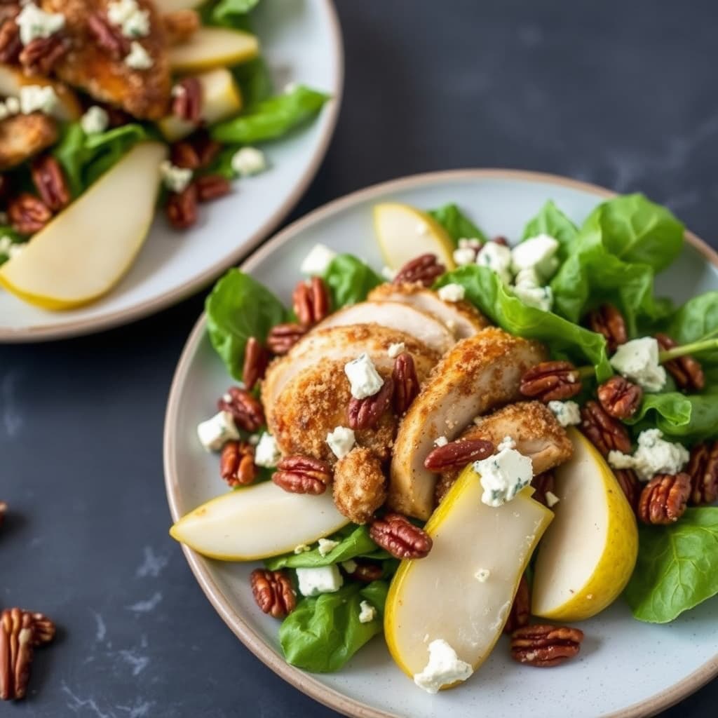 Sprø kyllingsalat med karamelliserte pekannøtter, pærer og blåmuggost