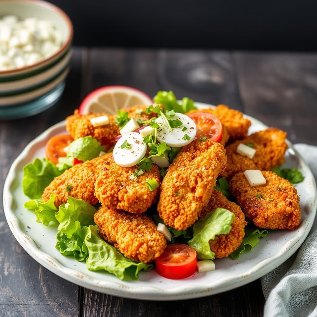 Sprø kyllingstrimler med salat