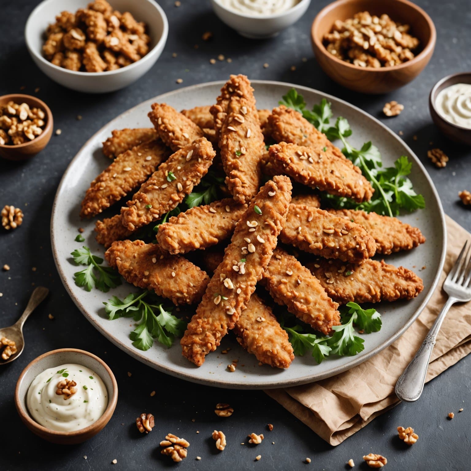 Sprø kyllingstrimler med valnøtt-tilslag