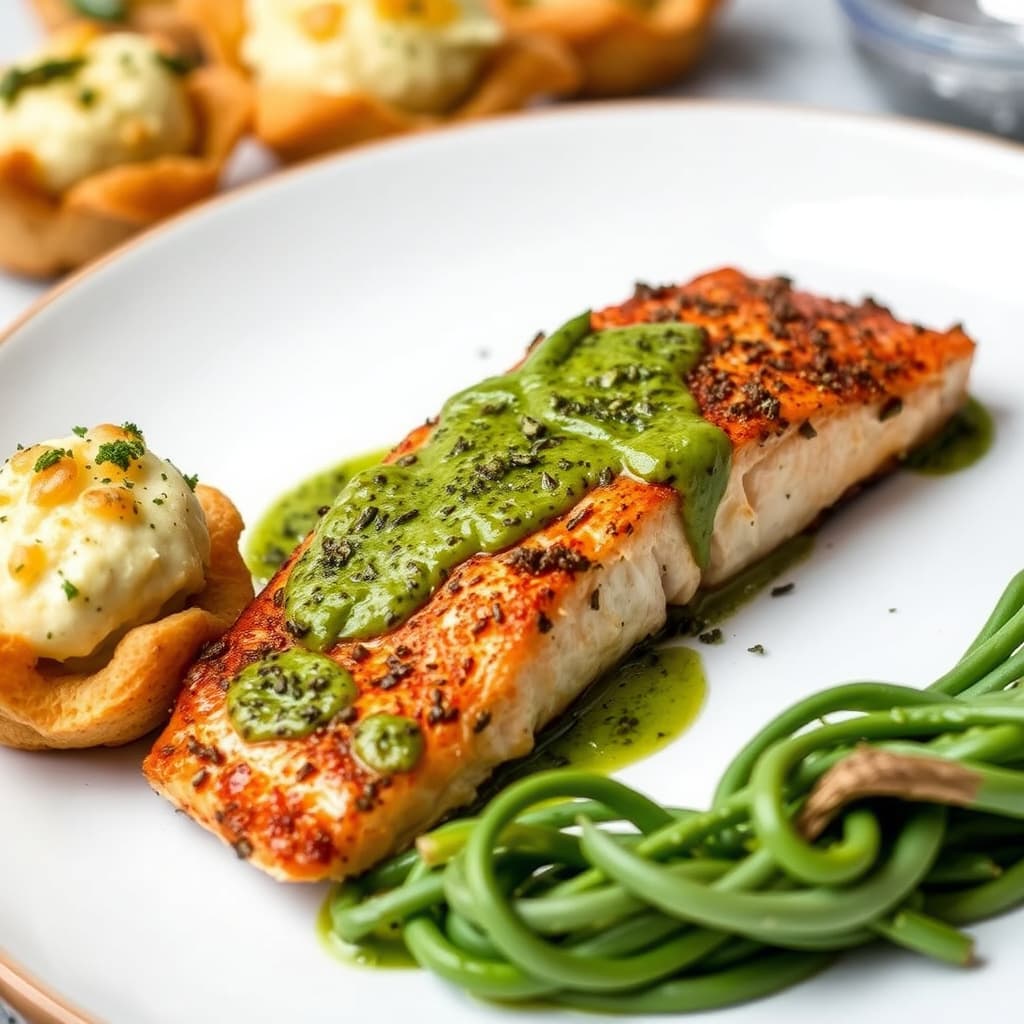 Sprø laks med grønn urte- og kaperssaus, servert med asparges-ostepuffer