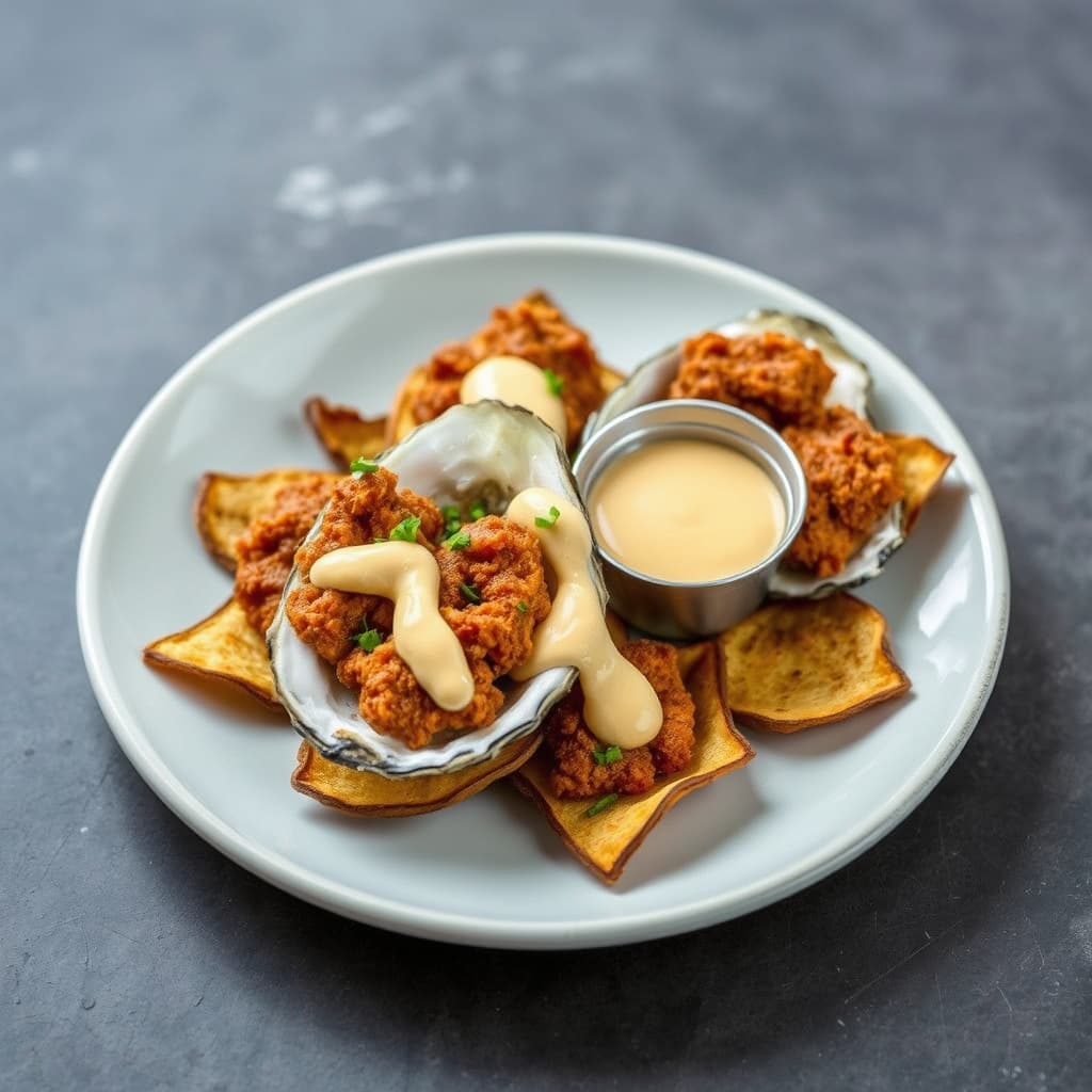 Sprø østers på yuccachips med habanero-honning aioli