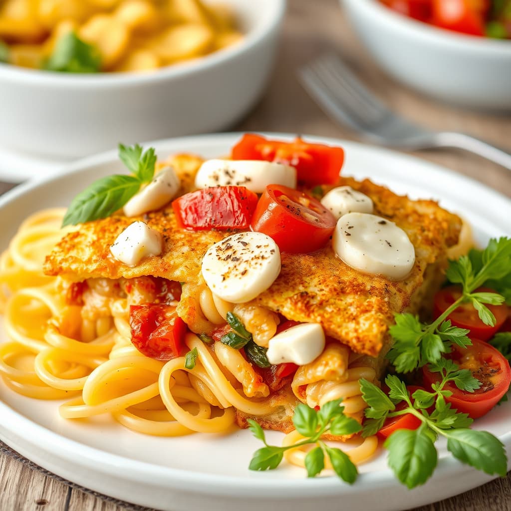 Sprø pastakake med rød paprika og mozzarella-salat