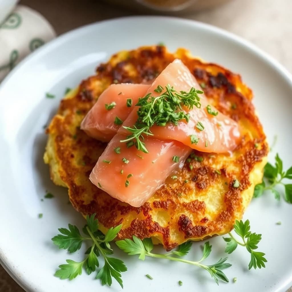 Sprø potetkake med røkelaks og dill-kapersvinaigrette