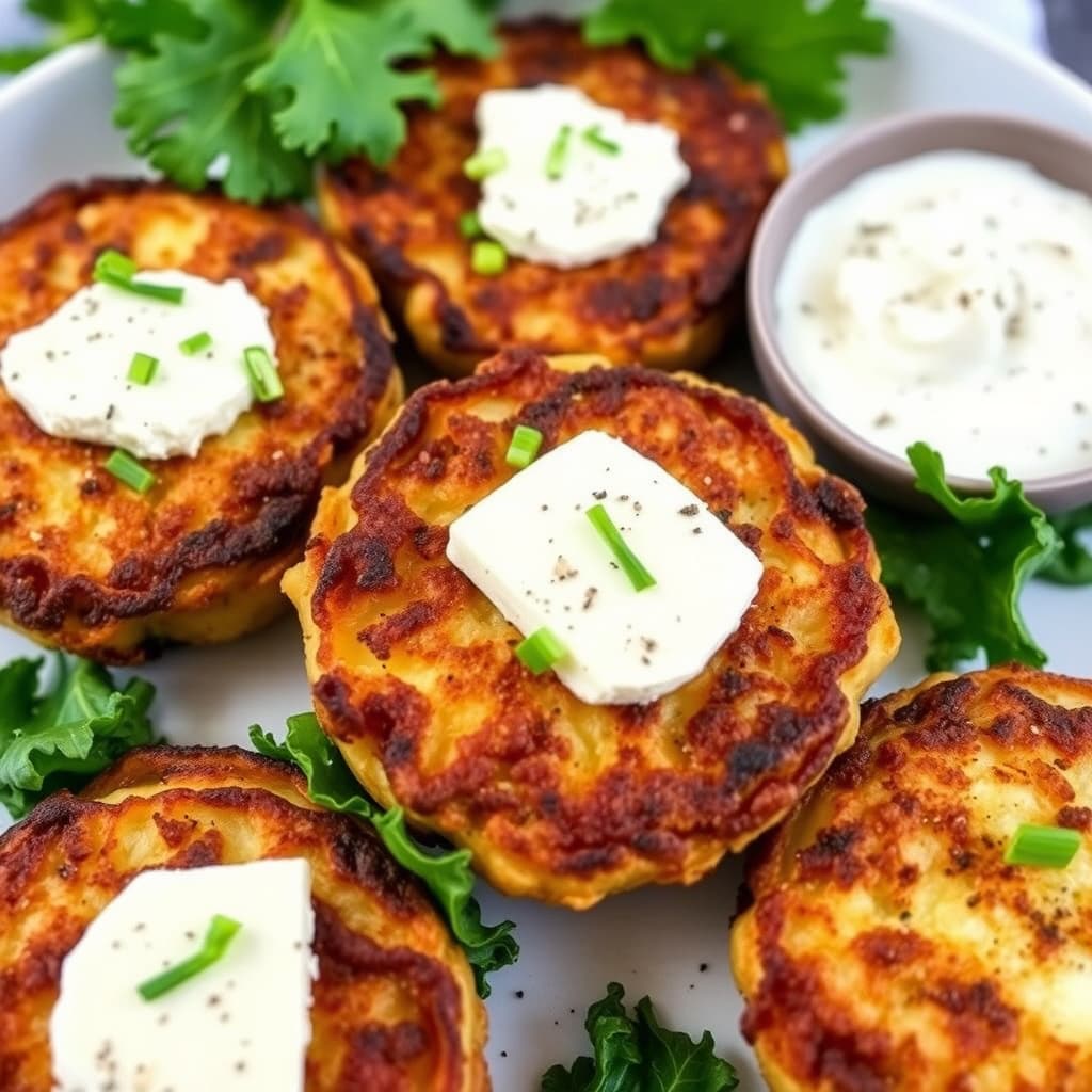 Sprø potetkaker med gårdsmysost, vårløk, svart pepper og grønnkålchips