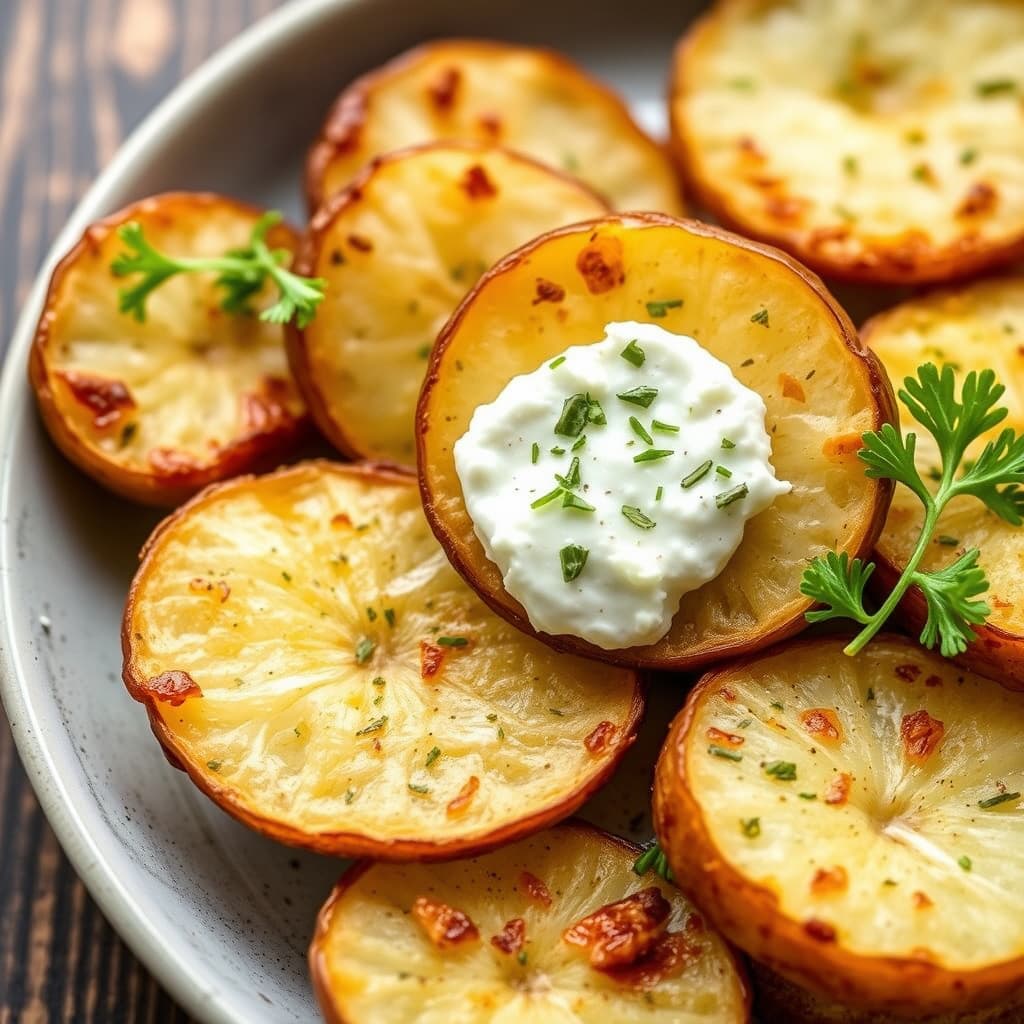 Sprø potetskiver med urter og hvitløksgeitost