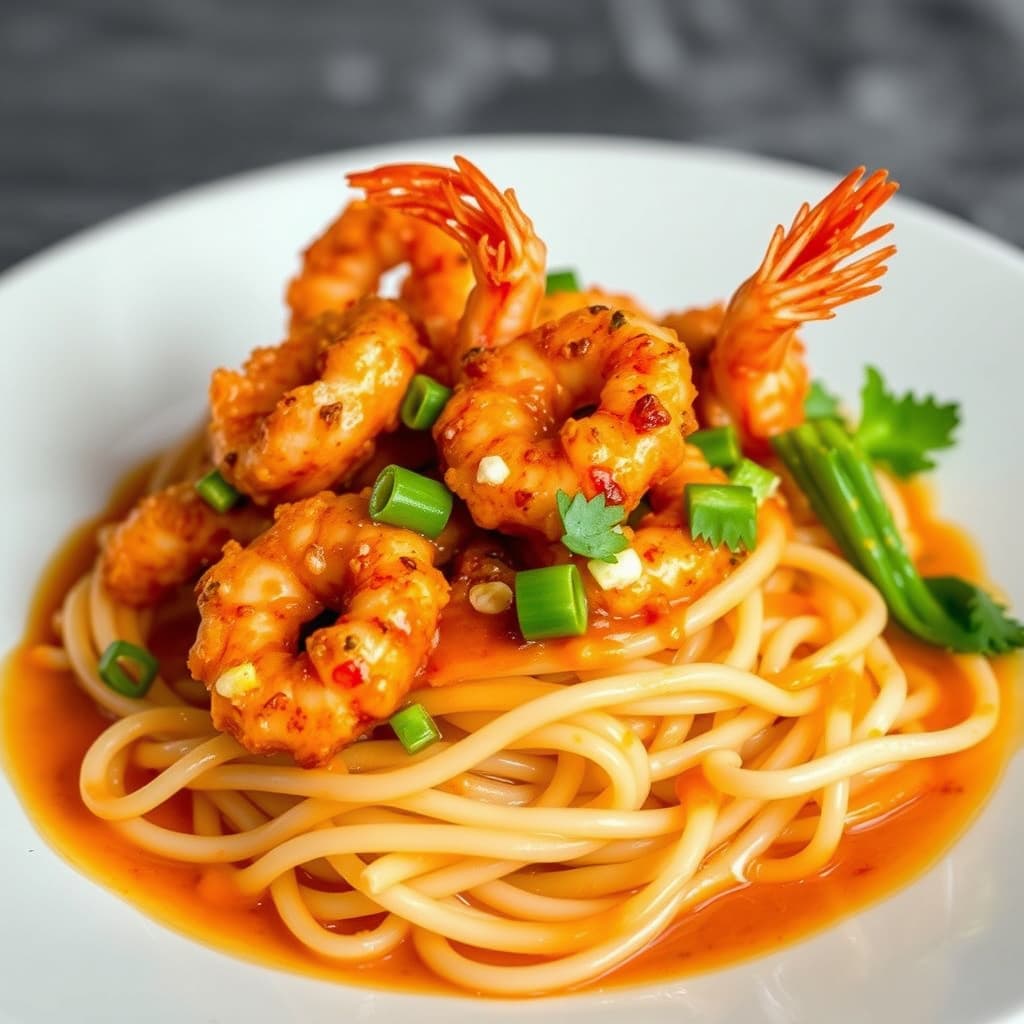 Sprø reker eller kamskjell med kinesiske nudler og krydret hvitløksaus