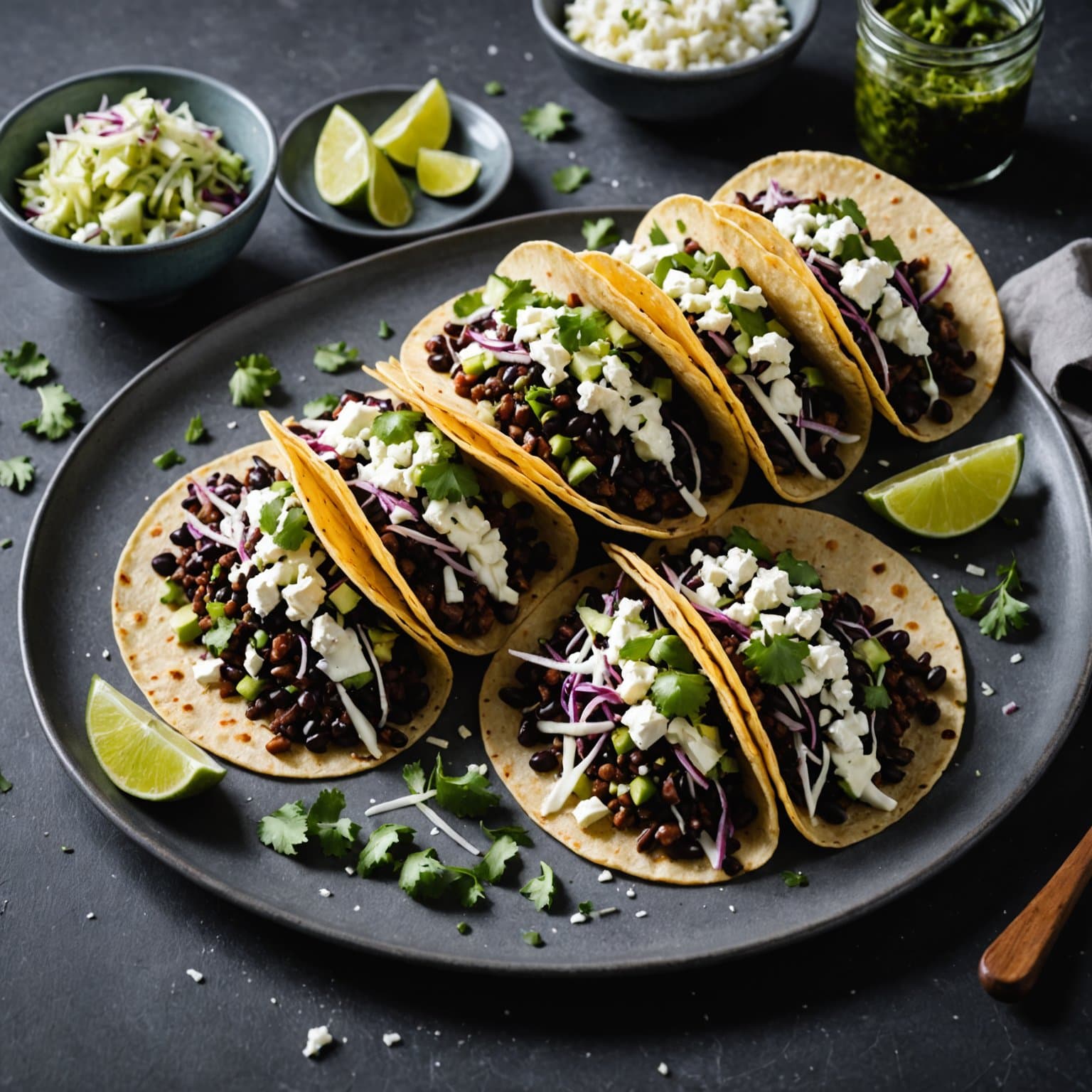 Sprø svarte bønnetacos med fetaost og kålslaw