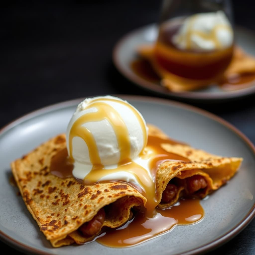 Sprø tortillaer med karamellhonning-saus og vaniljeis