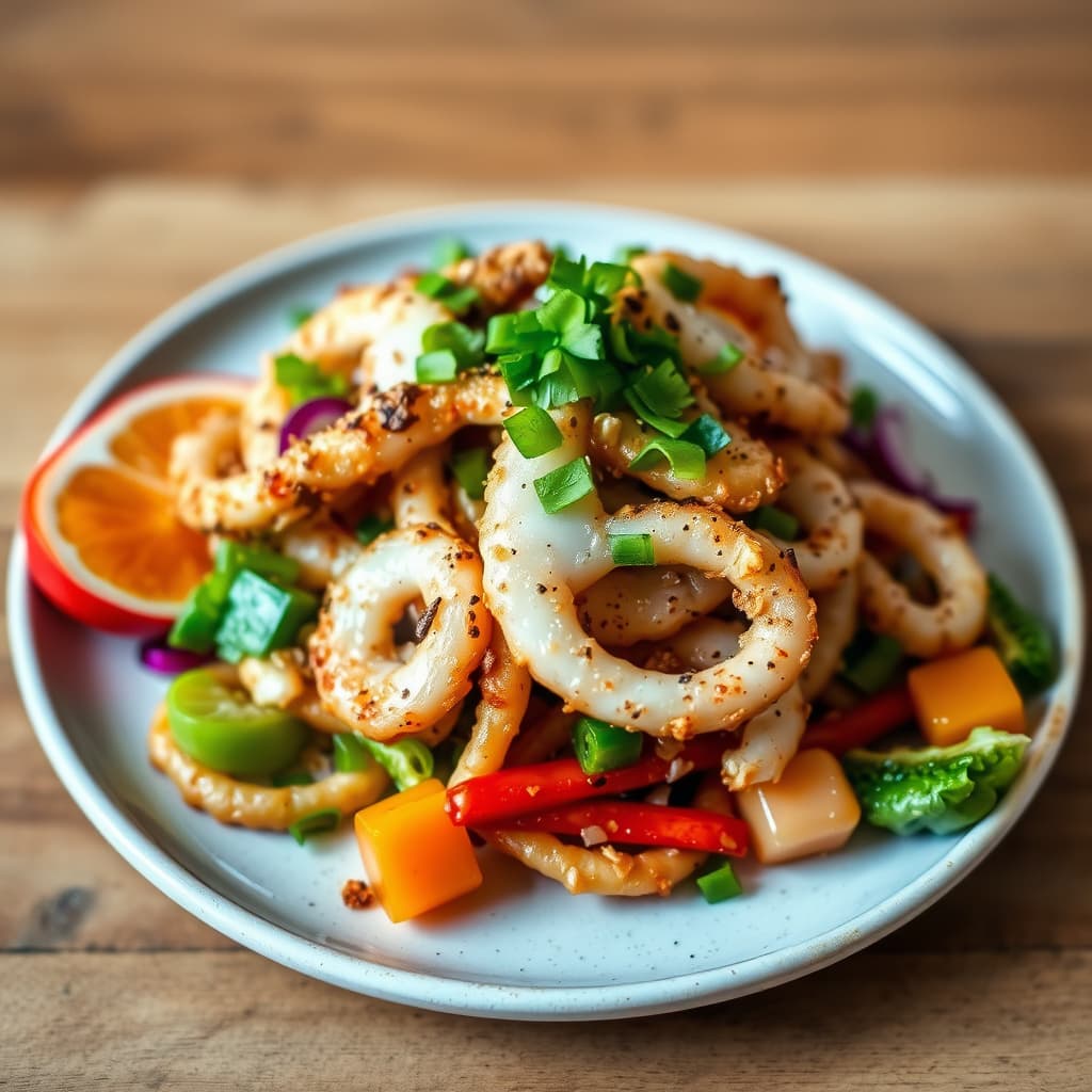 Sprøstekt salt- og pepperblekksprut med krydret asiatisk salat