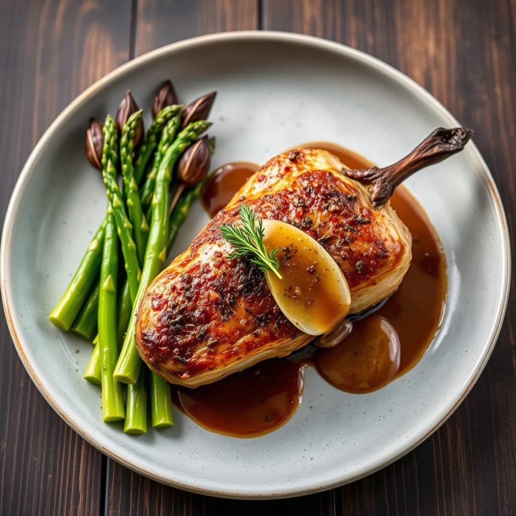 Sprøtt, oppdrettet poussin med foie gras, armagnacsauce, asparges og moreller